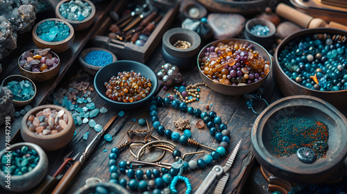 Jewelry making flatlay with semi-precious stone beads, crafting elegance and beauty. Get inspired by this stunning array of colorful gemstones. Generative Ai