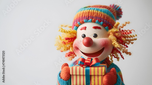 Joyful puppet happy with gift box decorated with ribbon, presenting a delightful surprise, spreading happiness and cheer. Generative Ai
