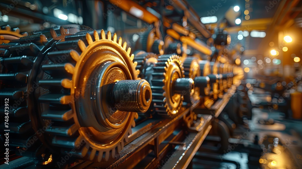 Close-up of metal gears and machinery in an industrial manufacturing plant, showcasing precision and engineering.
