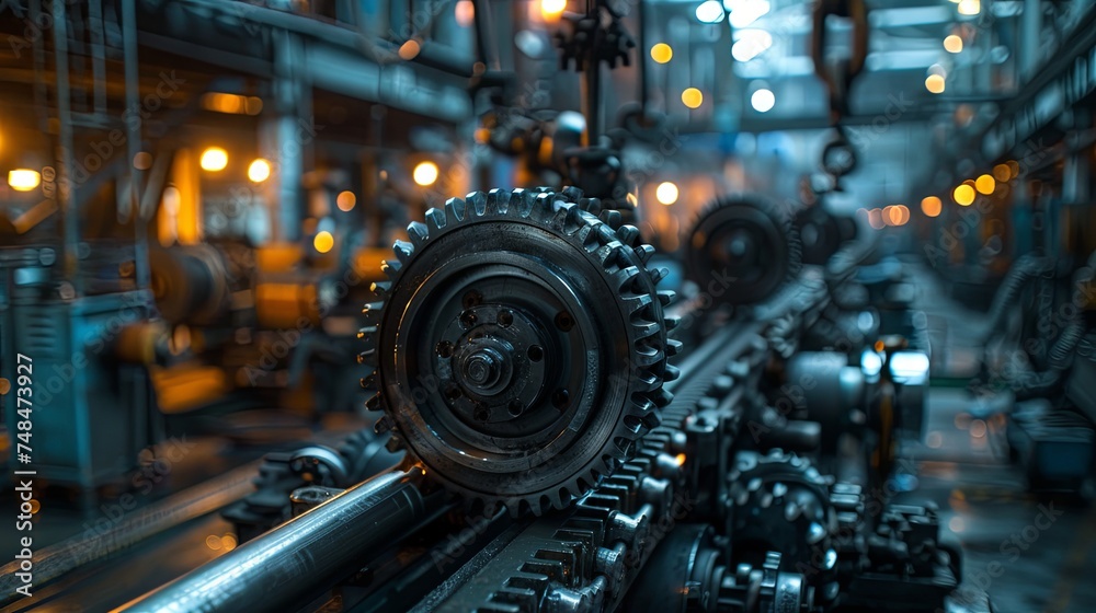 Close-up of metal gears and machinery in an industrial manufacturing plant, showcasing precision and engineering. Close-up of metal gears and machinery in an industrial manufacturing plant, showcasing precision and engineering.