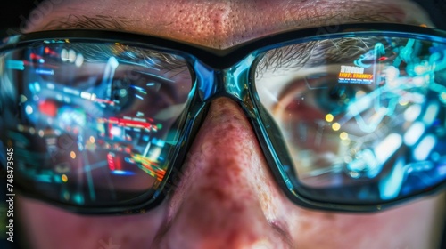 The photo snaps in on a pair of intense blue eyes framed by the thick black frames of gaming glasses. The reflection of a complex virtual landscape can be seen in the lenses photo