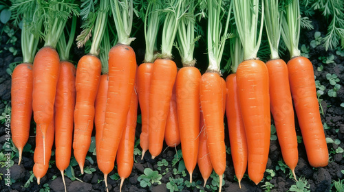 A bushel of bright orange carrots freshly pulled from the ground lay in a neat row ready to be washed and turned into a nutritious meal. photo