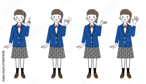 いろんなポーズをしている制服姿の女の子のイラスト