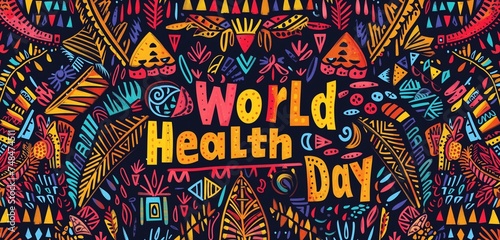 The words "World Health Day" in a vibrant, African tribal pattern on a traditional fabric background.