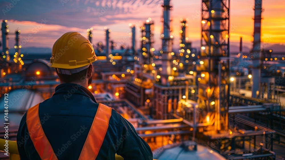 A worker in high-visibility clothing surveys the complex infrastructure of an industrial plant from an elevated platform.