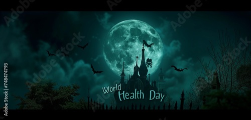 "World Health Day" in a spooky, gothic font on a full moon night background.