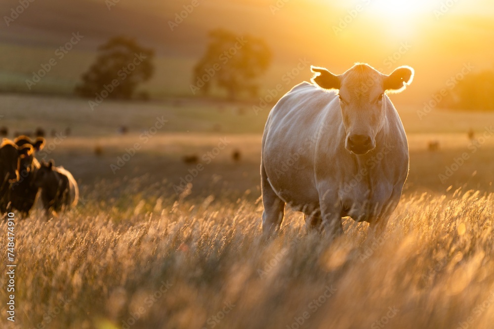 Fat Beef cows grazing on native grasses in a field on a farm practicing ...