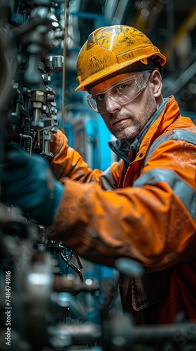 A focused technician in safety gear meticulously checks industrial equipment in a manufacturing plant setting.