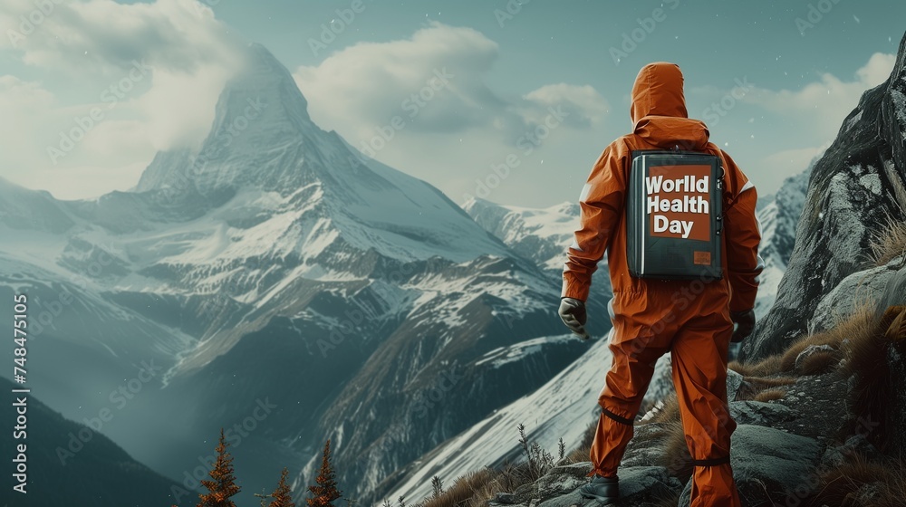"World Health Day" in a rugged, mountain explorer style on a scenic mountain range background. - obrazy, fototapety, plakaty 