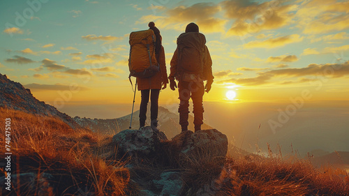 couple with backpacks standing on the top of the hill and enjoying beautiful sunset 