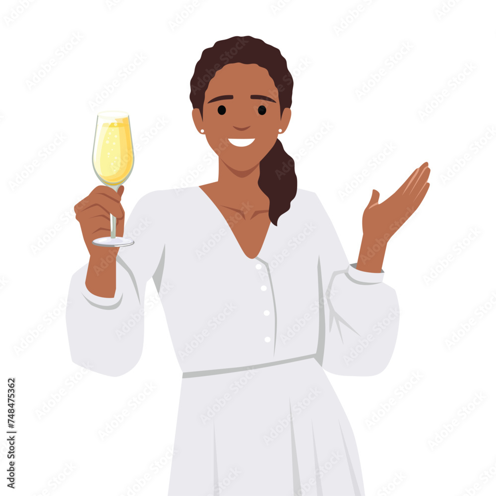 Beautiful girl in evening gown or party dress casual holding glass of champagne. Flat vector illustration isolated on white background Beautiful girl in evening gown or party dress casual holding glass of champagne. Flat vector illustration isolated on white background