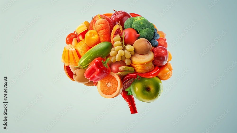 A colorful graphic of a brain made up of fruits and vegetables