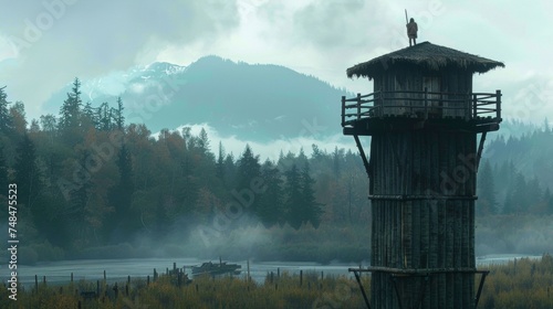 A Tlingit warrior stands atop a watchtower keeping a vigilant eye out for any approaching threats to his community. photo