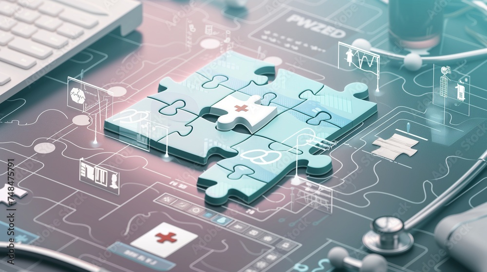 A conceptual image of a puzzle with pieces representing different aspects of healthcare - obrazy, fototapety, plakaty 