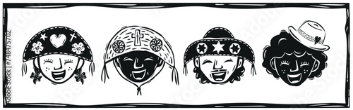 Boys and girls with cangaço hats. Hand drawn in the northeastern cordel style. Smiling and happy