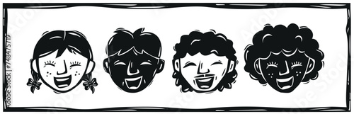 Set of characters drawn in woodcuts in cordel style. Boys and girls, white and black. Vector illustration