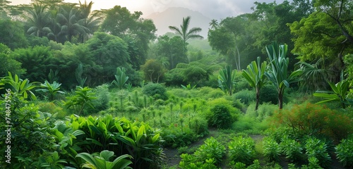 A serene landscape with medicinal plants growing in a lush garden