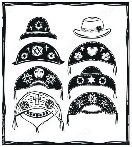 Typical hats from the Brazilian northeast in the woodcut style. Leather hat, Cangaço, Cordel