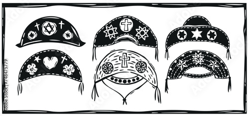 Set of northeastern Cangaceiro hats. Woodcut in the Brazilian cordel style. Vector illustration