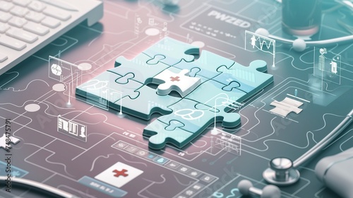 A conceptual image of a puzzle with pieces representing different aspects of healthcare