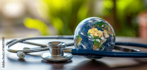 A stethoscope entwined with a globe symbolizing global healthcare