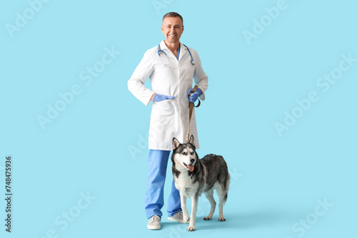 Male veterinarian with cute husky dog on blue background