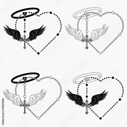 Winged Christian cross with heart-shaped rosary