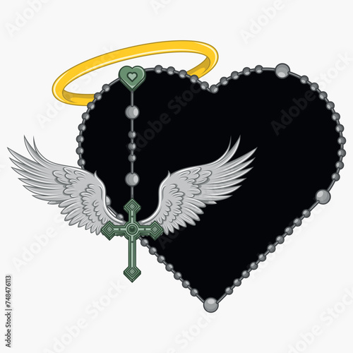 Winged Christian cross with heart-shaped rosary