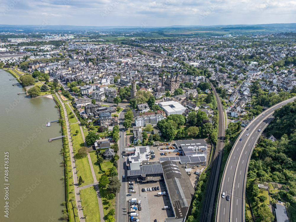 Andernach, Germany - Aerial view of the town of Andernach by the famous Rhine river in summer on a sunny day