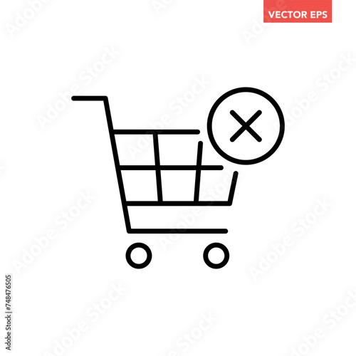 Black single cancel shopping cart line icon, simple remove items from cart flat design vector pictogram, interface elements for app logo web button ui ux isolated on white background