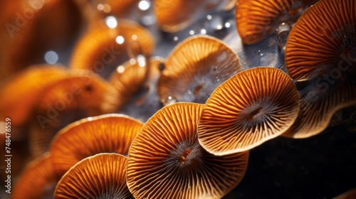 Beautiful orange peach texture of Sajor kaju mushrooms on a black background. The gills are visible on the underside.