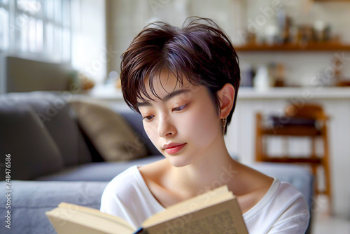 beautiful Asian woman with short pixie haircut in casual tee reading book at home, 