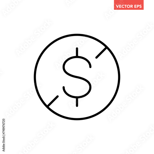Black single no cash line icon, simple tax free charge flat design infographic pictogram vector, for app logo web button ui ux interface elements isolated on white background
