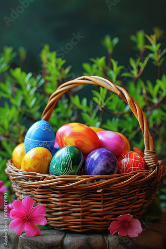 A basket filled with vibrantly colored Easter eggs