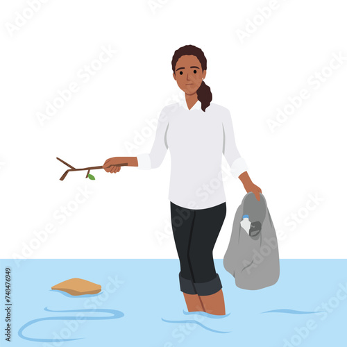 Sad woman cleans ocean of plastic garbage by pulling out bottles using scoop. Flat vector illustration isolated on white background