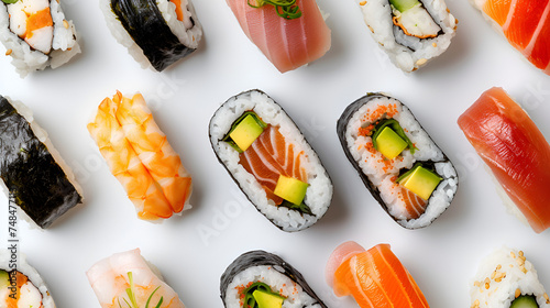 "Japanese sushi arranged beautifully on a clean white background, tempting viewers with its exquisite presentation and fresh ingredients, Generative Ai"
