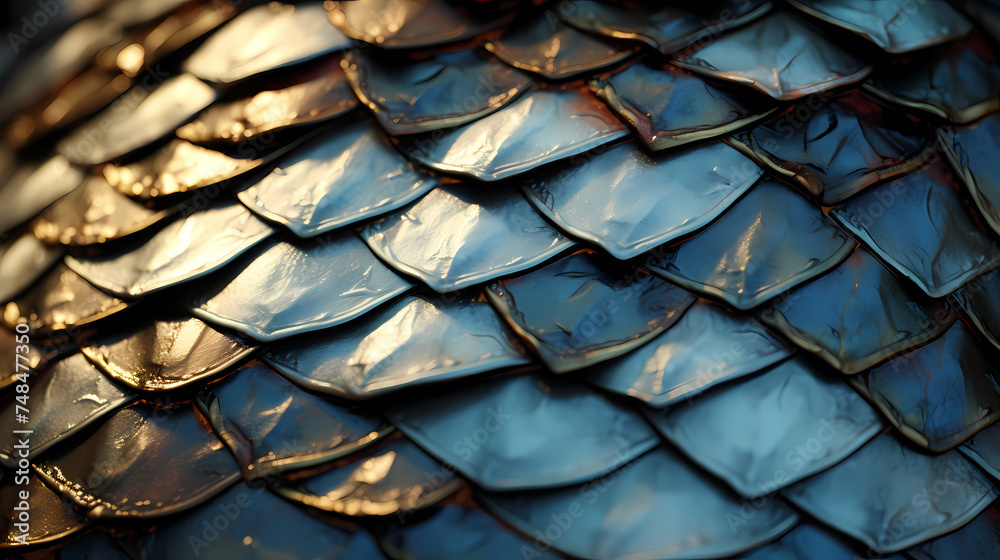 Close-up texture of scales with metallic shine Close-up texture of scales with metallic shine