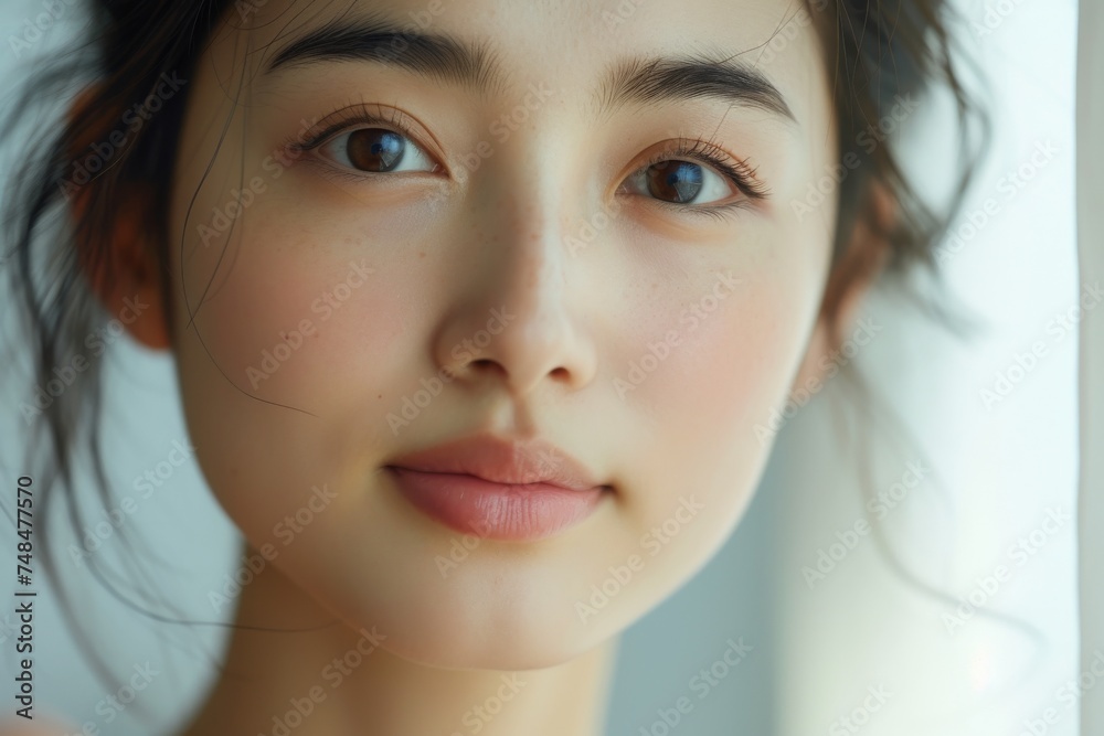 A close-up view of a womans face as she gazes out of a window A close-up view of a womans face as she gazes out of a window