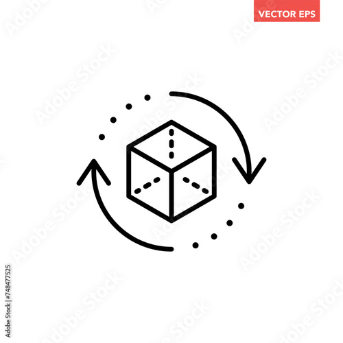 Black single rotating 3D cube model line icon, simple virtual reality flat design illustration pictogram for infographic interface elements for app logo web button ui isolated on white background