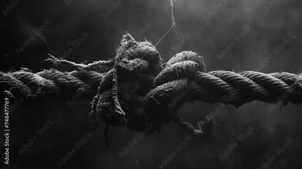 Piece of frayed rope about to break, dangling precariously over the edge, hinting at imminent danger and uncertainty, Generative Ai.

 - obrazy, fototapety, plakaty 