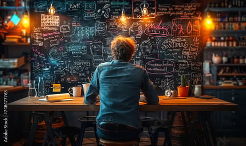 Focused individual brainstorming with colorful mind maps and complex formulas on a blackboard, in a dimly lit creative workspace, symbolizing deep thought and innovation