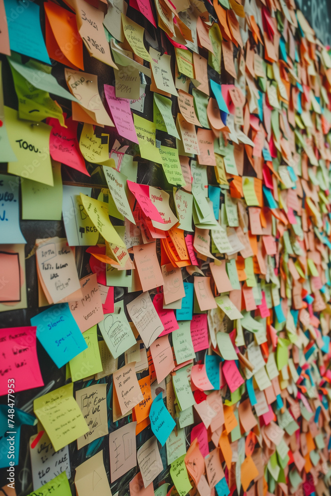 wall with many post-it. office wall with overlapping post-it. lots of colorful post its that cover each other. busy office wall with many tasks to do. 