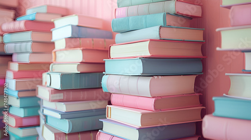 Pile of pastel-colored books stacked on top of each other, creating a mesmerizing display, ideal for book lovers and cozy reading nooks, Generative Ai.