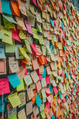 wall with many post-it. office wall with overlapping post-it. lots of colorful post its that cover each other. busy office wall with many tasks to do. 