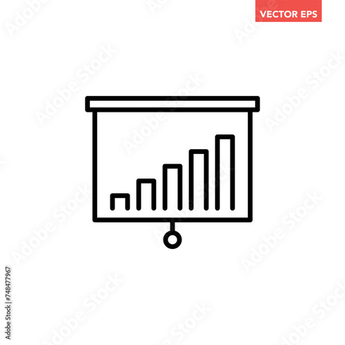 Black single financial presentation board line icon, simple growing graph bar projection screen flat design pictogram vector for app ads web banner ui ux interface element isolated on white background