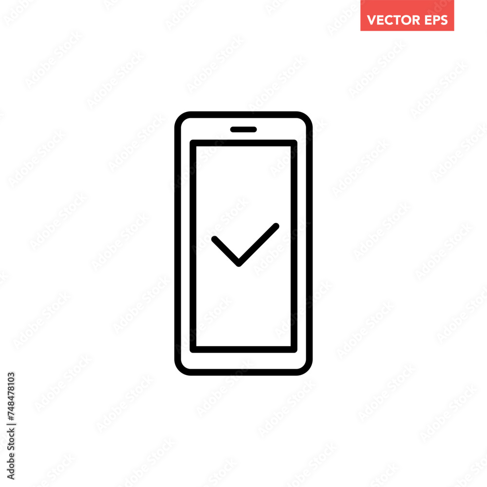 Black single phone with check mark line icon, simple successful poll process flat design pictogram, infographic vector for app web button ui ux interface elements isolated on white background Black single phone with check mark line icon, simple successful poll process flat design pictogram, infographic vector for app web button ui ux interface elements isolated on white background