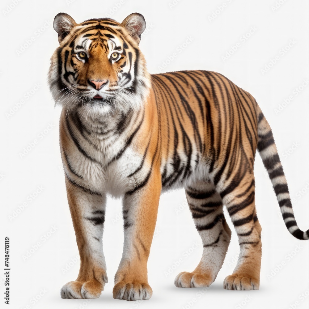 A full-body shot of a tiger on a white background.
