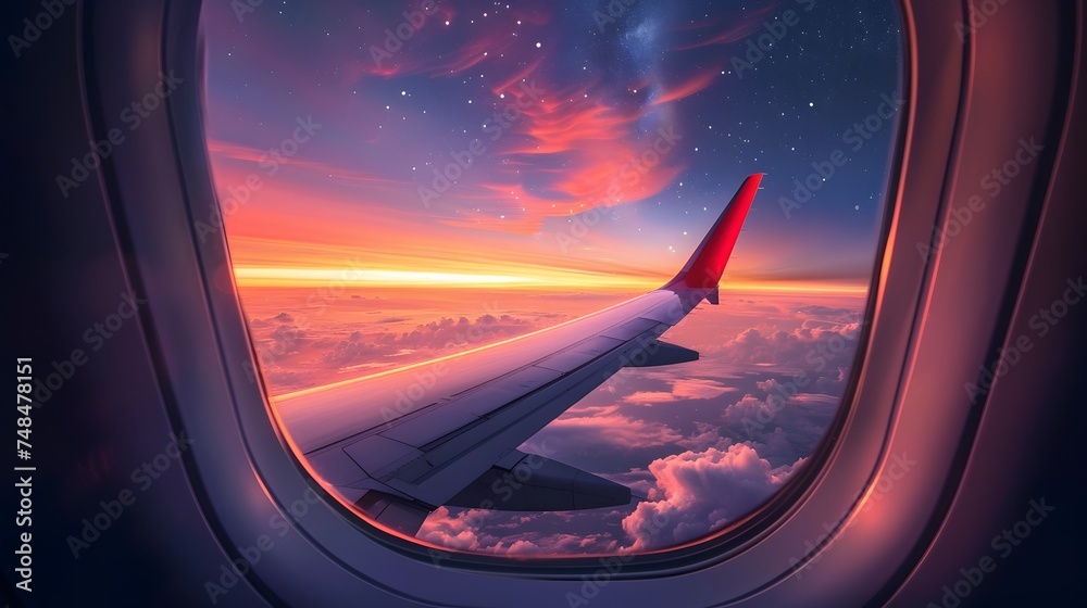 Fototapeta premium Airplane Window View of Colorful Sky and Stars
