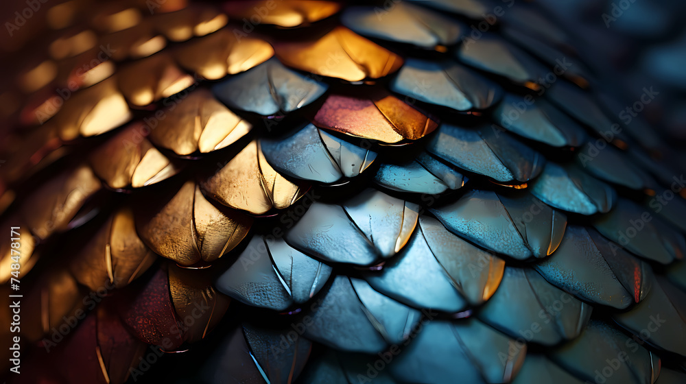 Close-up texture of scales with metallic shine Close-up texture of scales with metallic shine
