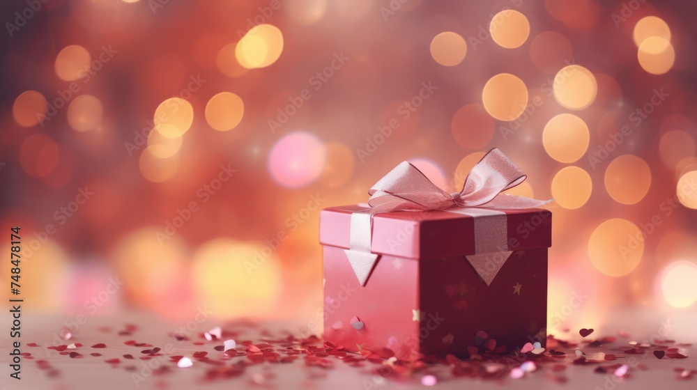 Heart-shaped gift box with bokeh hearts lights against a blurred Valentine's Day background.